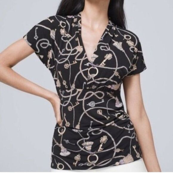 NWT🏷 WHBM Keepsake Black Key & Tassel Ruched Short Sleeve Blouse Top XS - Picture 2 of 6